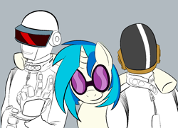 Size: 1240x900 | Tagged: safe, artist:butts-mcpoop, artist:kidkaizer, dj pon-3, vinyl scratch, pony, unicorn, crossover, daft punk, gray background, partial color, simple background