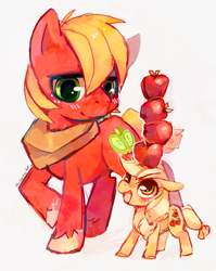 Size: 551x692 | Tagged: safe, artist:theuselesstoe, applejack, big macintosh, earth pony, pony, apple, balancing, blushing, brother and sister, cute, female, filly, filly applejack, floppy ears, jackabetes, looking up, male, open mouth, siblings, size difference, smiling, stallion, younger