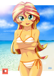 Size: 707x1000 | Tagged: safe, artist:uotapo, sunset shimmer, equestria girls, adorasexy, beach, beach babe, belly button, bicolor swimsuit, bikini, bikini babe, blushing, breasts, clothes, cute, female, looking at you, orange swimsuit, patreon, patreon logo, praise the sunset, sexy, shimmerbetes, side-tie bikini, smiling, solo, string bikini, striped bikini, striped swimsuit, sunset jiggler, swimsuit, underass, uotapo is trying to murder us, water