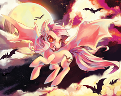 Size: 1000x793 | Tagged: safe, artist:theuselesstoe, fluttershy, bat, bat pony, pony, cloud, flutterbat, flying, full moon, moon, race swap, red eyes, solo