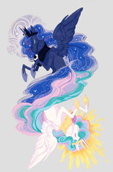 Size: 659x997 | Tagged: safe, artist:theuselesstoe, princess celestia, princess luna, alicorn, pony, duality, long mane, royal sisters