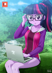 Size: 707x1000 | Tagged: safe, alternate version, artist:uotapo, sci-twi, twilight sparkle, equestria girls, adorasexy, adorkable, blushing, clothes, cloud, computer, cute, dork, female, glasses, grass, hoodie, laptop computer, looking at you, patreon, patreon logo, ponytail, sexy, solo, swimsuit, twiabetes