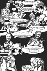 Size: 1500x2250 | Tagged: safe, artist:sawhorse, pinkie pie, oc, oc:anon, human, cake, comic, crying, fanfic, food, monochrome, sad