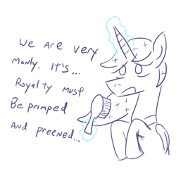 Size: 800x800 | Tagged: safe, artist:jargon scott, prince artemis, princess luna, alicorn, pony, brush, dialogue, glowing horn, metrosexual, rule 63, solo