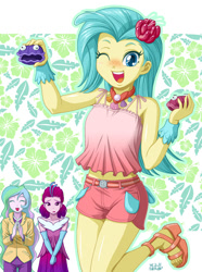 Size: 742x1000 | Tagged: safe, artist:uotapo, princess celestia, princess skystar, principal celestia, queen novo, equestria girls, my little pony: the movie, anime, armpits, belly button, breasts, clam, clothes, cute, delicious flat chest, equestria girls-ified, evening gloves, eyes closed, feet, female, freckles, gloves, long gloves, one eye closed, open mouth, pants, sandals, shelldon, shelly, shirt, shoes, short, skyabetes, uotapo is trying to murder us, wink