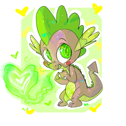 Size: 800x800 | Tagged: source needed, safe, artist:clockworkquartet, spike, dragon, abstract background, baby, baby dragon, blushing, cute, fire, green fire, grin, heart, looking at you, male, smiling, solo, sparkles, spikabetes, wingding eyes