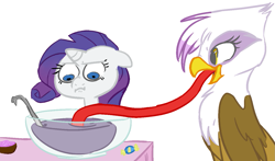 Size: 1309x769 | Tagged: safe, artist:elslowmo, artist:php27, gilda, rarity, griffon, pony, unicorn, bowl, candy, drink, duo, female, floppy ears, impossibly long tongue, mare, punch bowl, simple background, tongue out, wat, white background