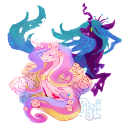 Size: 600x600 | Tagged: safe, artist:phuijl, princess cadance, queen chrysalis, alicorn, changeling, changeling queen, pony, duo, duo female, female, flower, mare, smiling