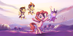 Size: 1400x700 | Tagged: safe, artist:karzahnii, pinkie pie, pound cake, pumpkin cake, twilight sparkle, pony, balloon, balloonicorn, bipedal, meet the pyro, parody, team fortress 2