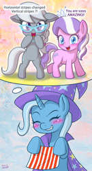 Size: 700x1300 | Tagged: safe, artist:uotapo, diamond tiara, silver spoon, trixie, earth pony, pony, unicorn, blushing, cape, clothes, cute, daydream, diamondbetes, diatrixes, female, filly, happy, hat, mare, silverbetes, smiling, thought bubble, trixie's cape, trixie's hat, uotapo is trying to murder us
