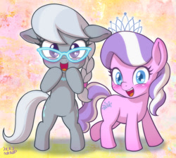 Size: 1000x894 | Tagged: safe, artist:uotapo, diamond tiara, silver spoon, earth pony, pony, adorabullies, blushing, cute, cutie mark, diamondbetes, duo, duo female, female, filly, glasses, happy, looking at you, silverbetes, smiling, uotapo is trying to murder us