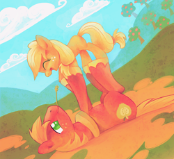 Size: 894x819 | Tagged: dead source, safe, artist:feyrah, applejack, big macintosh, earth pony, pony, apple tree, balancing, brother and sister, cloud, cloudy, cute, duo, eyes closed, female, filly, foal, freckles, happy, hill, jackabetes, macabetes, male, mare, on back, open mouth, playing, smiling, stallion, tree, weapons-grade cute, yoke, younger