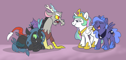 Size: 1100x525 | Tagged: safe, artist:spainfischer, discord, princess celestia, princess luna, queen chrysalis, alicorn, changeling, changeling queen, draconequus, nymph, pony, angry, bully, bullying, cewestia, cute, cutealis, defending, discute, female, filly, filly queen chrysalis, foal, laughing, male, sad, woona, young discord, younger