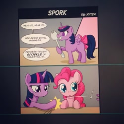 Size: 640x640 | Tagged: safe, artist:uotapo, idw, pinkie pie, twilight sparkle, twilight sparkle (alicorn), alicorn, earth pony, pony, spoiler:comic28, comic, dialogue, female, mare, spork, toy, twilight sporkle