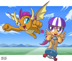 Size: 1000x845 | Tagged: safe, artist:uotapo, scootaloo, smolder, dragon, pegasus, pony, school daze, cute, cutealoo, duo, female, filly, flying, helmet, looking at you, open mouth, scooter, smiling, smolderbetes