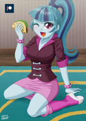 Size: 707x1000 | Tagged: safe, artist:uotapo, sonata dusk, equestria girls, rainbow rocks, blushing, boots, bracelet, breasts, carpet, clothes, cute, female, food, jewelry, kneeling, looking at you, moe, one eye closed, open mouth, patreon, patreon logo, ponytail, shoes, skirt, smiling, socks, solo, sonata bust, sonatabetes, sonataco, spiked wristband, taco, that girl sure loves tacos, thighs, uotapo is trying to murder us, wink, wristband