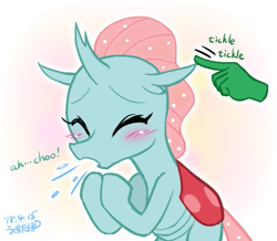 Size: 675x588 | Tagged: safe, artist:uotapo, ocellus, changedling, changeling, human, blushing, cute, cuteling, diaocelles, female, hand, simple background, sneezing, tickling