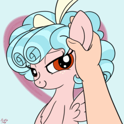 Size: 2500x2500 | Tagged: safe, artist:littlenaughtypony, cozy glow, human, pegasus, pony, animated, chest fluff, cozybetes, cozylove, cute, dawwww, ear scratch, female, filly, foal, frame by frame, freckles, gif, lidded eyes, looking at you, offscreen character, petting, smiling, spread wings, wings