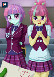 Size: 707x1000 | Tagged: safe, artist:uotapo, sour sweet, sunny flare, oc, oc:anon, equestria girls, adoraflare, arm behind back, begging, blushing, clothes, colored pupils, crystal prep academy uniform, cute, detention, duo, duo female, f, fallout, female, freckles, looking at you, offscreen character, open mouth, pipboy, plaid skirt, pleated skirt, ponytail, pov, school uniform, skirt, smiling, sourbetes, sunny flare's wrist devices, uotapo is trying to murder us, whoops