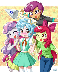 Size: 809x1000 | Tagged: safe, artist:uotapo, apple bloom, cozy glow, scootaloo, sweetie belle, equestria girls, marks for effort, adorabloom, blushing, boots, bow, clothes, cozybetes, cute, cutealoo, cutie mark crusaders, daaaaaaaaaaaw, diasweetes, dress, dunce hat, equestria girls-ified, eyes closed, female, hair bow, hat, holding hands, jacket, one eye closed, open mouth, pants, quartet, shirt, shoes, skirt, teary eyes, uotapo is trying to murder us, wink