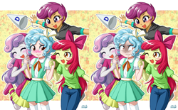Size: 2399x1489 | Tagged: safe, alternate version, artist:uotapo, apple bloom, cozy glow, scootaloo, sweetie belle, equestria girls, marks for effort, adorabloom, blushing, bow, clothes, comparison, cozy glow is best facemaker, cozybetes, crazy glow, cute, cutealoo, cutie mark crusaders, diasweetes, dunce hat, equestria girls-ified, eyes closed, hat, holding hands, one eye closed, pants, wink