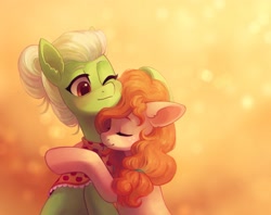 Size: 2547x2019 | Tagged: safe, artist:koviry, granny smith, pear butter, earth pony, pony, adorasmith, cute, daughter in law, duo, ear fluff, eyes closed, female, high res, hug, mare, mother and daughter-in-law, mother in law, pearabetes