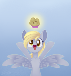 Size: 563x600 | Tagged: safe, artist:dusthiel, derpy hooves, pegasus, pony, atg 2020, chest fluff, cute, derpabetes, female, food, gradient background, looking at you, mare, muffin, newbie artist training grounds, smiling, solo, that pony sure does love muffins, the legend of zelda