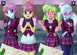 Size: 1414x1000 | Tagged: safe, artist:uotapo, edit, lemon zest, sour sweet, sugarcoat, sunny flare, oc, oc:anon, equestria girls, adoraflare, begging, blushing, classroom, clothes, crystal prep academy uniform, crystal prep shadowbolts, cute, f, looking at you, open mouth, pipboy, quartet, school uniform, smiling, sourbetes