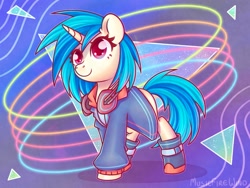 Size: 1600x1200 | Tagged: safe, artist:musicfirewind, dj pon-3, vinyl scratch, pony, unicorn, abstract background, clothes, female, headphones, mare, shoes, solo