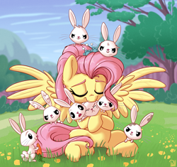 Size: 2296x2160 | Tagged: safe, artist:pirill, angel bunny, fluttershy, pegasus, pony, rabbit, the last problem, accessories, animal, bush, cloud, cute, daaaaaaaaaaaw, dandelion, ear fluff, eyes closed, female, flower, grass, grass field, ground, high res, hnnng, hug, male, mare, mountain, older, older fluttershy, path, scenery, shyabetes, signature, sitting, sky, smiling, solo focus, spread wings, tail, tree, weapons-grade cute, when you see it, wings