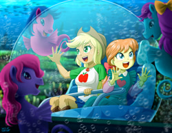 Size: 1400x1086 | Tagged: safe, artist:uotapo, applejack, bow tie (g1), megan williams, sea pony, equestria girls, equestria girls series, g1, rescue at midnight castle, rollercoaster of friendship, amusement park, amusement ride, applejack's hat, call upon the sea ponies, cowboy hat, cute, duo, equestria land, female, g1 to equestria girls, generation leap, geode of super strength, hat, jackabetes, ride, shoo be doo, species swap, underwater, uotapo is trying to murder us