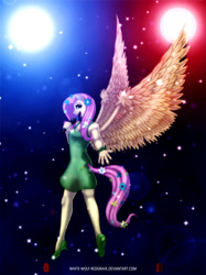 Size: 765x1024 | Tagged: safe, artist:wwredgrave, fluttershy, anthro, butterfly, filli vanilli, blue light, clothes, dress, feather, flower, high heels, lens flare, lights, microphone, pose, red light, singing, solo, stars, wings
