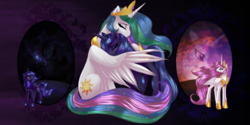 Size: 2000x1000 | Tagged: safe, artist:rizcifra, princess celestia, princess luna, alicorn, pony, adobe imageready, cosmic love, cute, cutelestia, duality, duo, duo female, eyes closed, feels, female, floral, florence and the machine, frown, hug, looking up, lunabetes, mare, s1 luna, sad, sadorable, sisterly love, sitting, song reference, song reference at source, spread wings, window, winghug