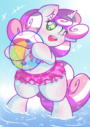 Size: 2480x3508 | Tagged: safe, artist:patoriotto, sweetie belle, semi-anthro, unicorn, beach ball, bipedal, clothes, cute, diasweetes, ear fluff, female, heart, high res, ocean, one eye closed, open mouth, solo, swimsuit, water