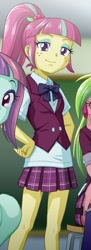 Size: 291x800 | Tagged: safe, artist:uotapo, lemon zest, sour sweet, sunny flare, equestria girls, clothes, cropped, crystal prep academy uniform, freckles, legs, looking at you, miniskirt, offscreen character, plaid skirt, pleated skirt, ponytail, school uniform, skirt, smiling, solo focus