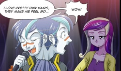 Size: 791x466 | Tagged: safe, artist:uotapo, dean cadance, princess cadance, shining armor, equestria girls, alumnus shining armor, cadance is not amused, comic, cropped, dialogue, female, male, microphone, oingo boingo, shocked, unamused