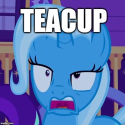 Size: 500x500 | Tagged: safe, edited screencap, screencap, trixie, pony, unicorn, all bottled up, to where and back again, caption, cropped, cup, faic, image macro, meme, solo, teacup, text, that pony sure does love teacups