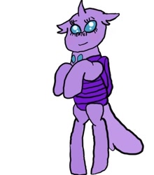 Size: 529x600 | Tagged: safe, alternate version, artist:whistle blossom, color edit, oc, oc only, oc:exo the changeling, changedling, changeling, nymph, semi-anthro, autodesk sketchbook, bipedal, blushing, changedling oc, changeling oc, colored, cute, digital art, exobetes, female, looking at you, purple changeling, simple background, smiling, smiling at you, solo, standing, teenager, white background
