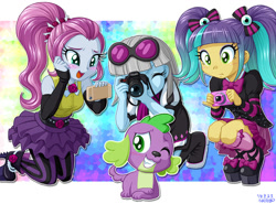 Size: 1082x800 | Tagged: safe, artist:uotapo, edit, editor:slayerbvc, photo finish, pixel pizazz, spike, violet blurr, dog, equestria girls, rainbow rocks, accessory-less edit, blushing, camera, cellphone, cute, missing accessory, one eye closed, paws, phone, smartphone, smiling, spikabetes, spike the dog, the snapshots, wink