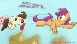 Size: 1024x595 | Tagged: safe, artist:redheadfly, pound cake, scootaloo, age difference, crack shipping, cute, cutie mark, female, heart, heart eyes, hearts and hooves day, male, older, scootaloo can fly, scootapound, shipping, straight, the cmc's cutie marks, valentine's day, wingding eyes