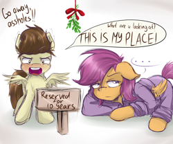 Size: 2400x2000 | Tagged: safe, artist:redheadfly, pound cake, scootaloo, crush, mechanic coveralls, mistletoe, older, prone, scootapound, sign, vulgar