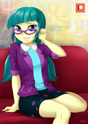 Size: 707x1000 | Tagged: safe, artist:uotapo, juniper montage, equestria girls, movie magic, spoiler:eqg specials, blushing, clothes, female, glasses, looking at you, patreon, patreon logo, pigtails, shirt, skirt, smiling, solo, thighs
