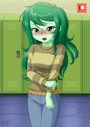 Size: 707x1000 | Tagged: safe, artist:uotapo, wallflower blush, better together, equestria girls, forgotten friendship, blushing, canterlot high, clothes, cute, daaaaaaaaaaaw, denim, ear blush, female, flowerbetes, flustered, freckles, hallway, hnnng, jeans, lockers, looking down, open mouth, pants, patreon, patreon logo, pun, shy, solo, standing, sweater, visual pun