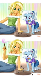 Size: 1200x2200 | Tagged: safe, artist:uotapo, edit, sunflower spectacle, trixie, frog, equestria girls, adorable distress, blushing, clothes, comic, cute, diatrixes, female, magic, mother and child, mother and daughter, one eye closed, open mouth, pants, parent and child, ponytail, shirt, signature, sitting, skirt, smiling, socks, stars, tadpole, thigh highs, uotapo is trying to murder us, wand, weapons-grade cute, younger