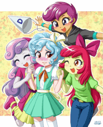 Size: 809x1000 | Tagged: safe, alternate version, artist:uotapo, apple bloom, cozy glow, scootaloo, sweetie belle, equestria girls, marks for effort, animated, blushing, bow, clothes, cozy glow is best facemaker, cozybetes, crazy glow, cute, cutie mark crusaders, dunce hat, equestria girls-ified, eyes closed, gif, hat, holding hands, insanity, one eye closed, pants, quartet, this will end in betrayal, this will end in tears, this will not end well, wink, yandere, yandereglow