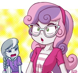 Size: 800x747 | Tagged: safe, artist:uotapo, silver spoon, sweetie belle, equestria girls, accessory theft, can't see shit, clothes, cute, female, glasses, hairband, jewelry, necklace, shirt, skirt, spoon, squint