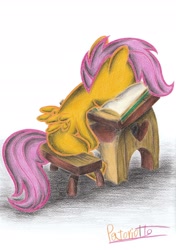 Size: 1636x2320 | Tagged: safe, artist:patoriotto, scootaloo, pegasus, pony, book, desk, facebook, female, filly, pixiv, pun, school, sitting, sleeping, sleeping in class, solo, traditional art