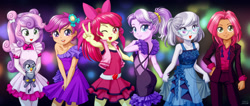 Size: 2368x1000 | Tagged: safe, artist:uotapo, apple bloom, babs seed, diamond tiara, gabby, scootaloo, silver spoon, sweetie belle, equestria girls, adorababs, adorabloom, armpits, blossom (powerpuff girls), blushing, bow, catra, clothes, cosplay, costume, cute, cutealoo, cutie mark crusaders, diamondbetes, diasweetes, dress, fall formal outfits, female, freckles, gabbybetes, glasses, hair bow, hand on hip, looking at you, one eye closed, open mouth, pants, peace sign, ponytail, powerpuff girls z, ranma 1/2, shampoo (ranma 1/2), she-ra, she-ra and the princesses of power, silverbetes, skirt, smiling, suit, vest, wink