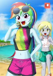 Size: 707x1000 | Tagged: safe, artist:uotapo, derpy hooves, rainbow dash, better together, equestria girls, armpits, beach, belly button, clothes, cloud, cute, dashabetes, derpabetes, eating, feet, female, food, hand on hip, midriff, muffin, ocean, open mouth, patreon, patreon logo, sand, sandals, shorts, sky, sunglasses, swimsuit, this will end in muffins, water