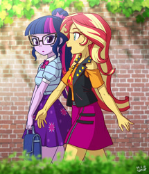 Size: 1000x1165 | Tagged: safe, artist:uotapo, sci-twi, sunset shimmer, twilight sparkle, better together, equestria girls, clothes, cute, duo, female, geode of empathy, geode of telekinesis, glasses, magical geodes, open mouth, profile, shimmerbetes, skirt, smiling, twiabetes, walking